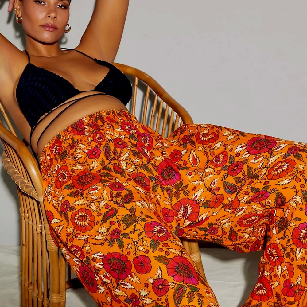 ANTHROPOLOGIE L Smocked Gauzy Wide-Leg Floral Orange Motif Palazzo Pants
